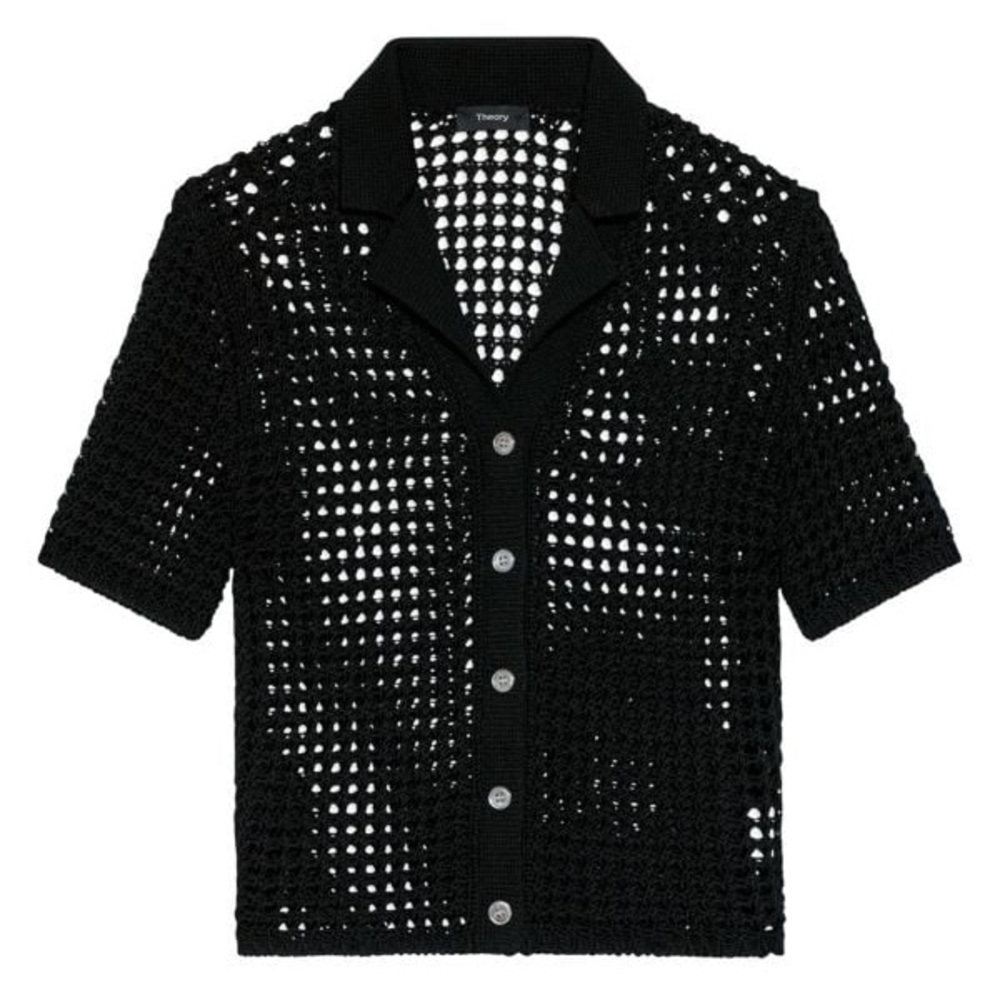 Theory Mesh Shrunken Crochet Polo Top in Black